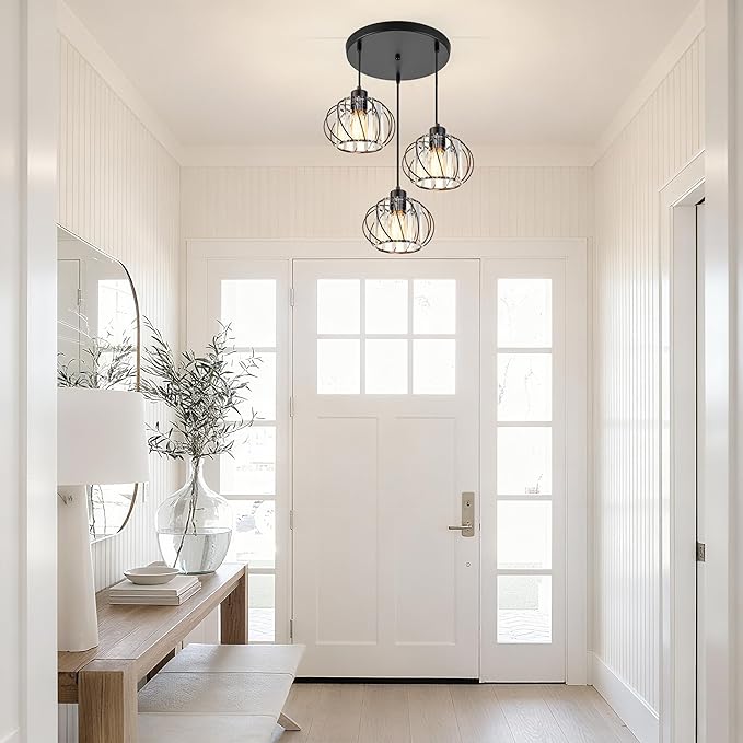 Cluster Pendant Light Fixtures, 3-Light Pendant Lights Kitchen Island, Farmhouse Hanging Light Fixture, Industrial Black Metal Cage Pendant Lighting With Clear Crystal for Sink Dining Room Hallway