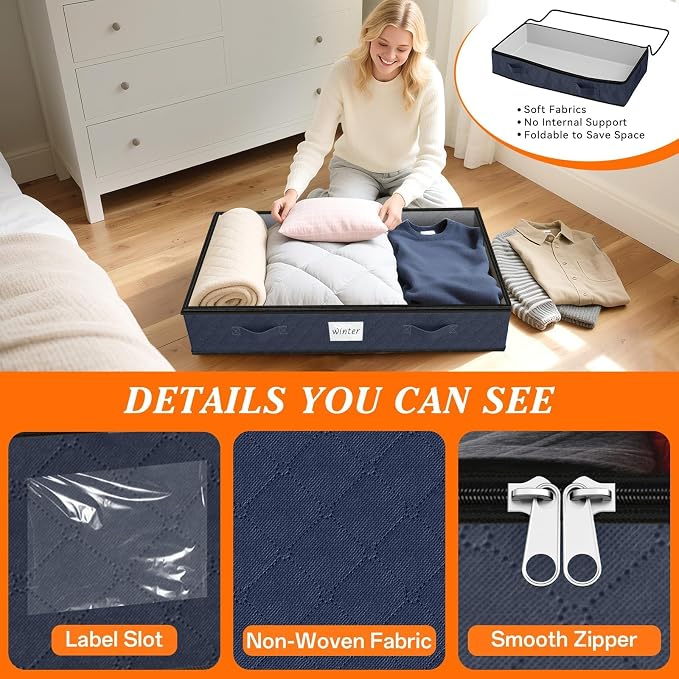 90L Under Bed Storage Containers, Storage Bags, Organizers, 4-Pack, Blue | Foldable, Soft Fabric, Closet Organizers, Reinforced Handle, Label Holder, Clear Window, for Comforters, Clothing, Blankets