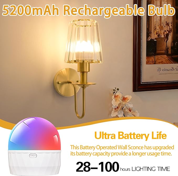 Battery Operated Wall Sconces Set of 2, Gold Crystal Wall Lights | 5200mAh rechargeable wall lights with magnetic bulbs, remote control, 15 colors, 10-level dimming and timer for bedrooms
