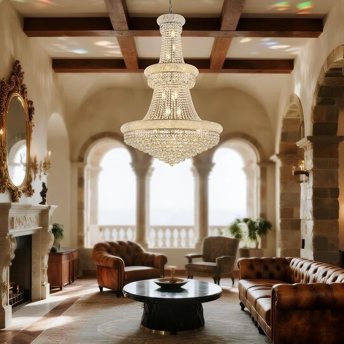 32" W 27 Light Luxury Foyer Chandeliers, Unique Empire K9 Crystal Chandelier for High Ceiling Foyer Entryway Living Room (Silver)