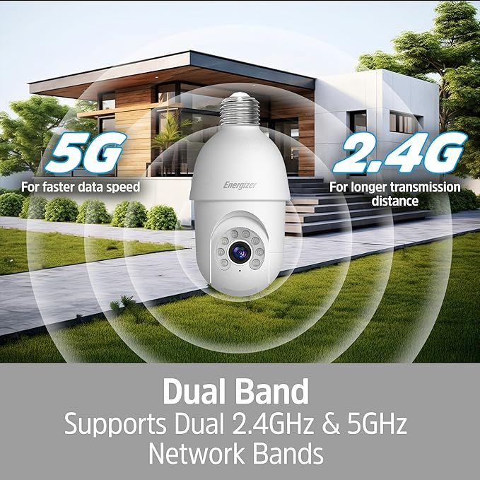Energizer Smart Socket Camera 3-Pack, 2K QHD Outdoor Light Bulb Security Camera, 5GHz/2.4GHz, Pan & Tilt Auto Motion Tracking, 2-Way Audio, Night Vision, Recording, Voice Control with Alexa & Google