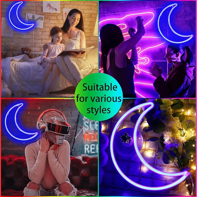 LED Blue Moon Neon Sign Light, Battery or USB Powered 5V Cute Room Decor | Art Decorative Night Lights Decorations for Girls, Window, Wall, Home, Bedroom, Office, Dorm, Party, Wedding, Birthday