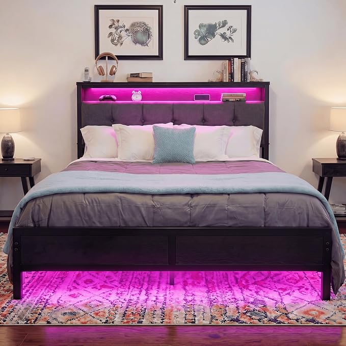 Homkdom Queen Bed Frame with Upholstered Headboard & Charging Station | 2 Outlet & 2 USB, LED Lights,12" Under-Bed Storage Noise-Free,No Box Spring Needed,Easy Assembly, Black