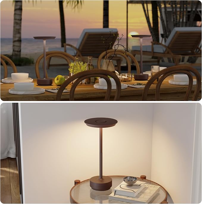 TBBGA 1 Pack Rechargeable Table Lamps Cordless, 5000mAh Outdoor Table Light | 3 Color Stepless Dimming Portable LED Table Lamp with Memory Function, for Home/Dinner/Patio/Restaurant.(Rust)