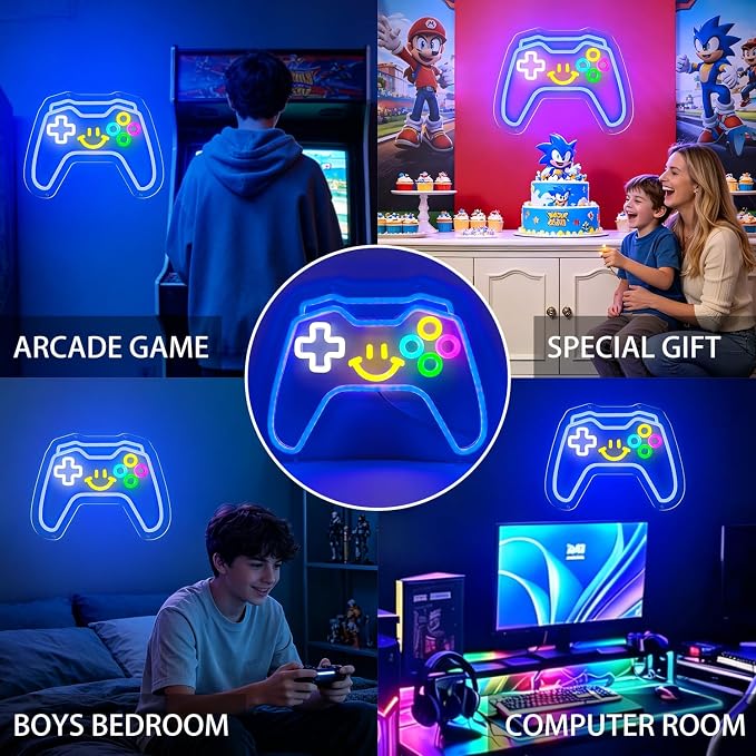 Gaming Neon Signs Controller LED Sign with Remote for Gamer Room Decor, Gamepad Shaped LED Neon Sign for Son Gamer Lovers Gifts, Game Neon Light Smile Face for Basement Bedroom Boys Man Cave Kids Teen