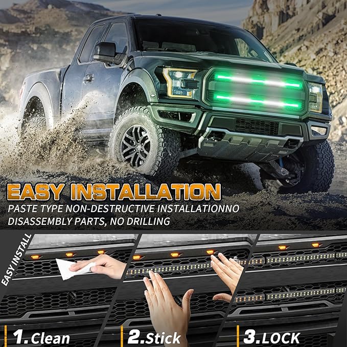 XRIDONSEN 2PCS 30 inch Green White Grill Emergency Lights Strip 360 LED Truck Tailgate/Rear window/Grill Strobe Lights Warning Hazard Safety Caution Lights for Tow Plow Trucks Firefighter Vehicles POV