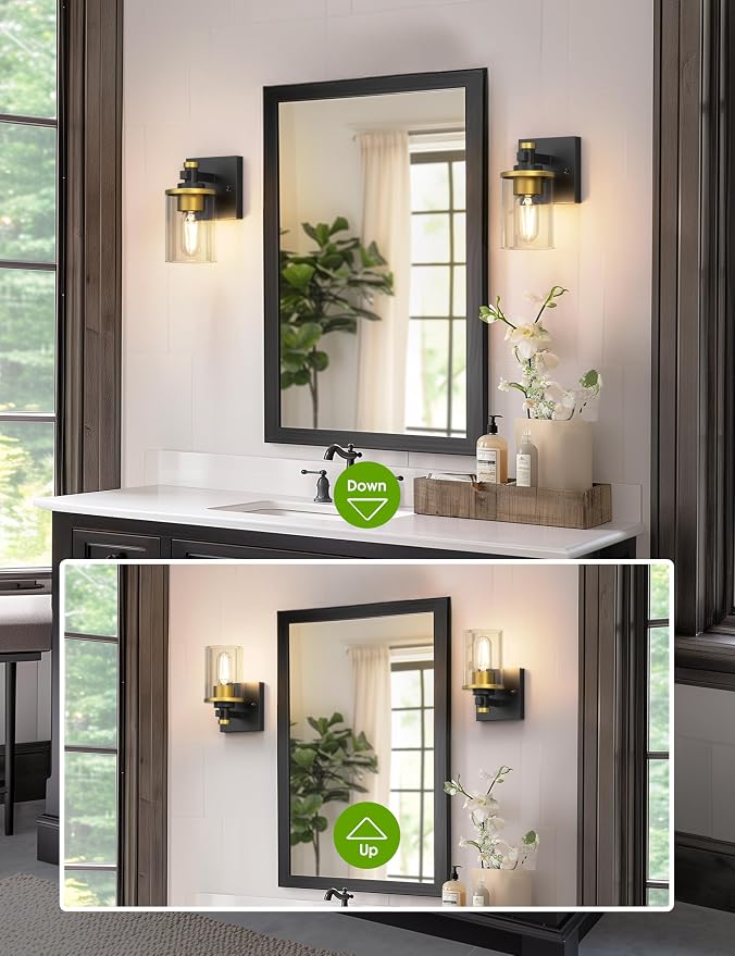 Bathroom Light Fixture, Bathroom Vanity Light Over Mirror, 1-Lights | Vanity Lights for Bathroom, Modern Lighting Fixtures with Clear Glass Shade, Black and Gold Vanity Lights, ETL