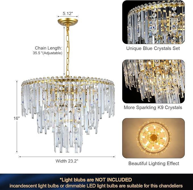 Gold Crystal Chandeliers, 24” Modern Round Chandelier for Dining Room 3 Tiers 12 Lights Ceiling Pendant Light Fixtures Large Ceiling Chandeliers for Foyer Living Room Bedroom