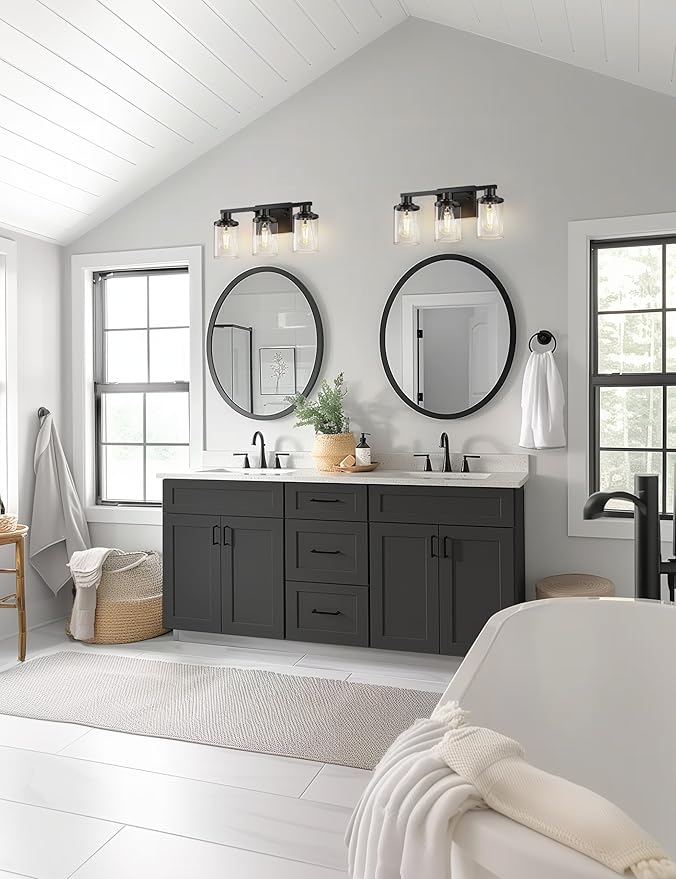 L LOHAS LED 3-Light Black Bathroom Light Fixtures,Modern Bathroom Lighting Fixtures Over Mirror with Clear Glass Shade, Vanity Lights for Living Room, ETL Listed