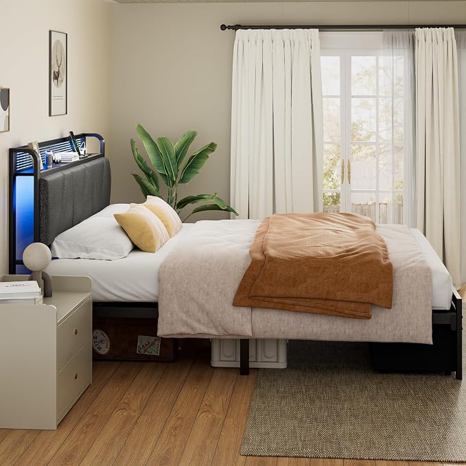 Full Size Bed Frame with 2 Storage Drawers & Upholstered Headboard | Metal Platform Bed with Storage Shelf, Charging Station, LED Lights and Heavy-Duty slats, No Spring Box Needed, Noise-Free
