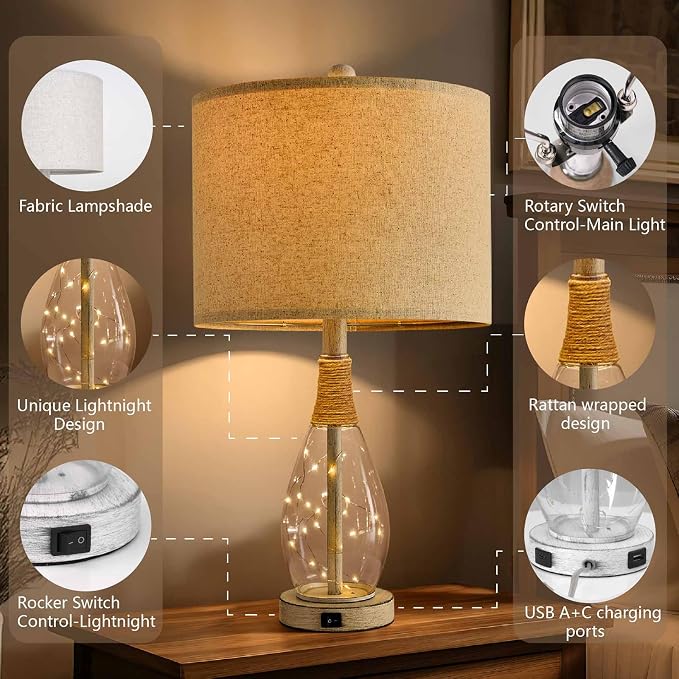 23" USB A+C Table Lamp for Bedroom Living Room Modern Bedside Lamps Retro Farmhouse Rattan Glass Nightstand Nightlight Lamps (White),Two Light Points