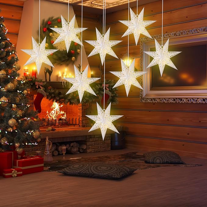 12 Pcs 14in Paper Star Lantern with 7 Pointed LED Lights for Xmas, Wedding, Holiday, Birthday Party Celebration(White)
