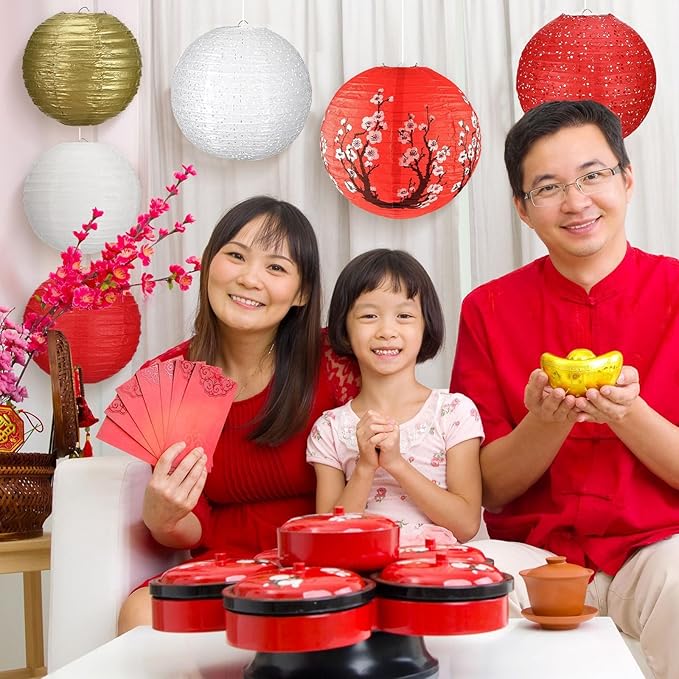 14Pcs Chinese Japanese Paper Lantern Assorted Sizes (8" 10" 12") Hanging Red White Gold Chinese Lanterns for Lunar New Year Chinese New Year Decorations 2026 Japanese Party Decorations