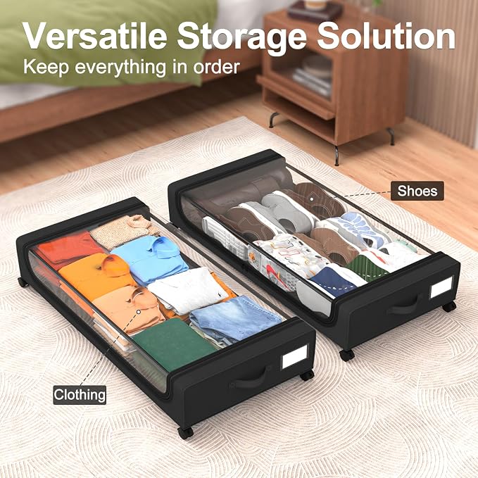 GoMaihe Under Bed Storage with Wheels 70L Black 2-Pack | Rolling Rangement Vetement sous le Lit - Containers for Clothes Shoes in Bedroom - Easy Pull-out