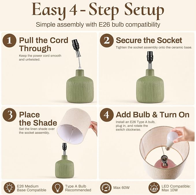 Ceramic Table Lamp, Oliver Green, 17.75" | Beige Linen Shade, Warm Ambient Lighting, Bedside Nightstand, Natural
