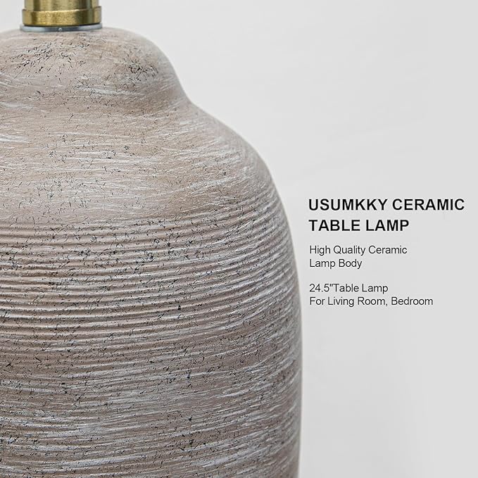 24.5" Handcrafted Ceramic Table Lamp with 5FT Cord, Single Farmhouse Vintage Rustic Bedside Lighting for Living Room Bedroom Entryway Linen Shade Nightstand End Table Decor (Bulb Not Included)