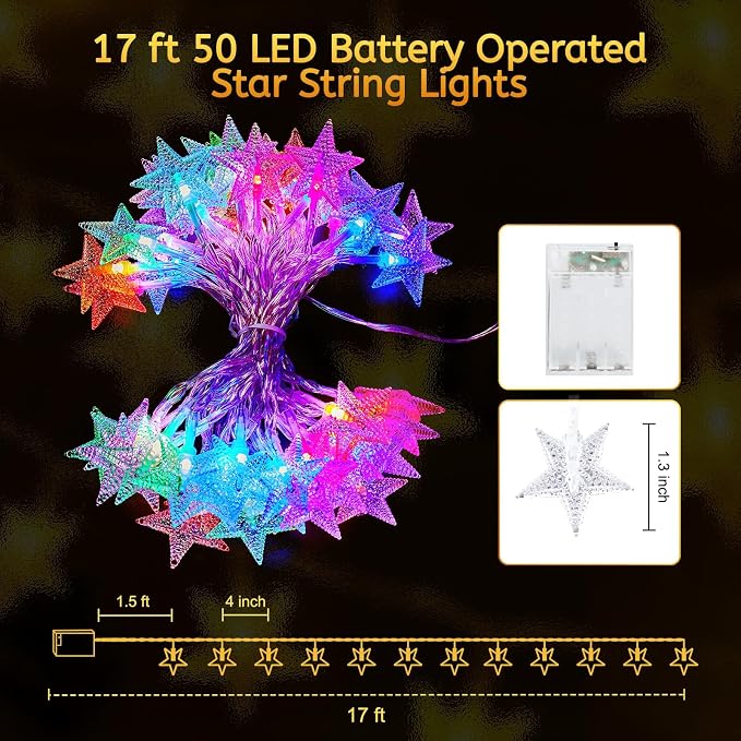 Minetom Star String Lights Battery Operated - 17 ft 50 LED Color Changing Star Fairy Light with Remote and Timer, 16 Single Colors and 7 Modes Starry Lights for Bedroom Dorm Christmas Halloween Decor