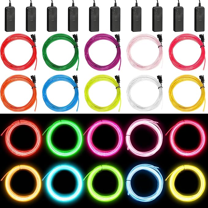 Hortsun 15 Pack 7ft Neon Light El Wire Portable Cuttable Neon Glowing Battery Powered LED Lights Glow in The Dark with Battery Pack for Halloween Party