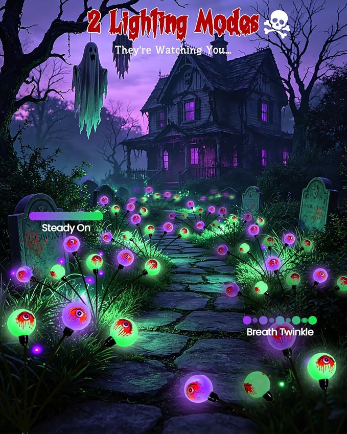 OZS 6 Pack 36 LED Solar Eyeball Lights for Outdoor Halloween Decorations | Purple & Green Solar Halloween Lights, Bleeding Eyes, Swaying by Wind, IP65 Waterproof, 2 Modes for Pathway Garden Yard Decor