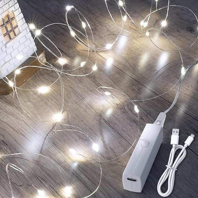 Fairy Lights Battery Operated-Rechargeable LED String Lights with Timer, 8Modes Twinkle Lights for Bedroom, Christmas Decorations, Wedding, Vine, Centerpiece Table Decor (5M/16FT Cool White)