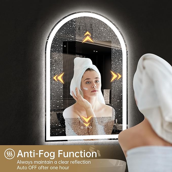 Arched Bathroom Mirror with Lights 40"x28"- Frameless LED Mirror for Bathroom, Fogless, Dimmable, 3 Color Changing, Shatterproof, Touch Sensor