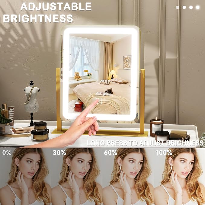 ROLOVE Vanity Mirror with Lights, 12.6"×15" LED Makeup Mirror, Lighted Makeup Mirror with Lights, Smart Touch Control Dimmable 3 Modes Light, Lighted Up Mirror for Makeup Desk, Gold