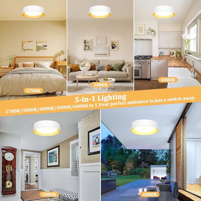 Flush Mount Ceiling Light, 16in Modern Ceiling Light 5 Color Temperature | 30W Bathroom Ceiling Light Fixture, 3000LM Dimmable LED Flush Mount Light for Bedroom, Hallway, Kitchen, White & Gold