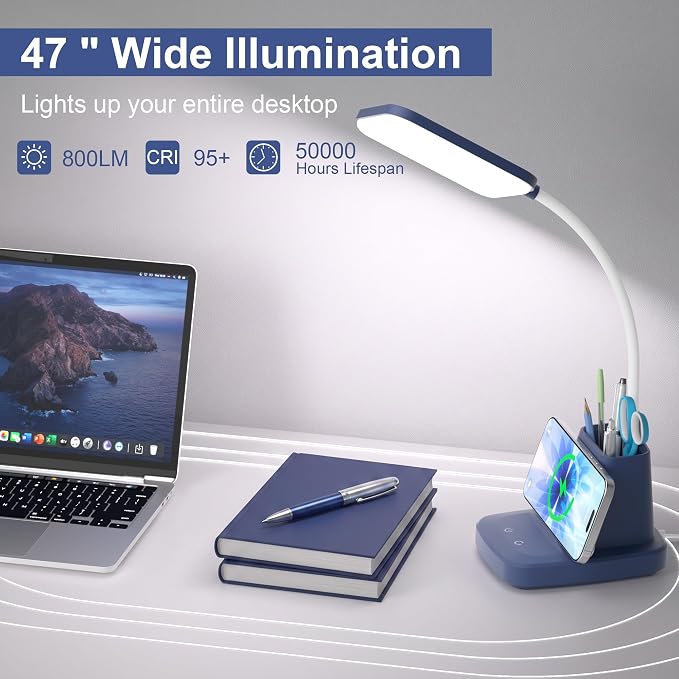 LED Desk Lamp with 10W Wireless Charging & Pen Holder, Navy Blue | CRI 95, 800LM, Stepless Dimming, 3 Modes, 360°Flexible Arm, Touch, Study Table Lamp for Home Office, Dorm Room, with Adapter