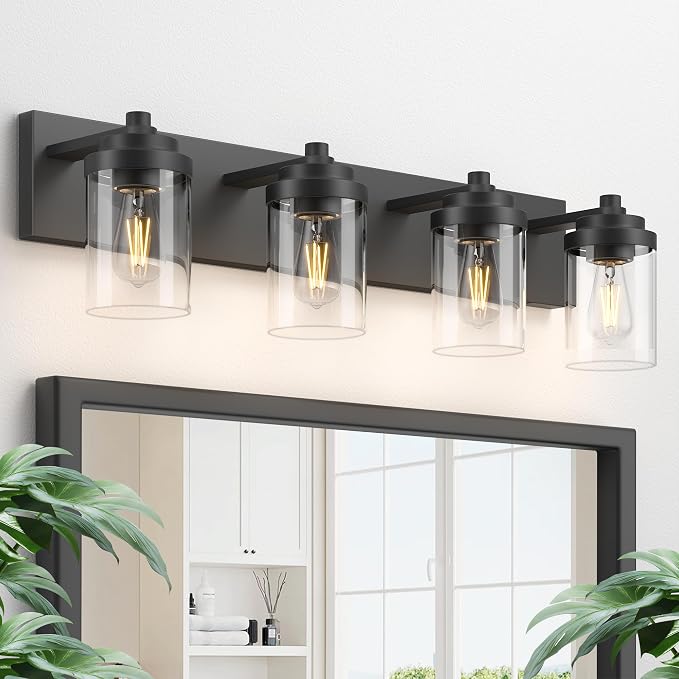 Bathroom Vanity Light Fixture, 4-Light Modern Black Vanity Light Fixtures with Clear Glass Shade, Matte Black Bathroom Light Fixtures Over Mirror, Rustic Restroom Lighting Fixtures