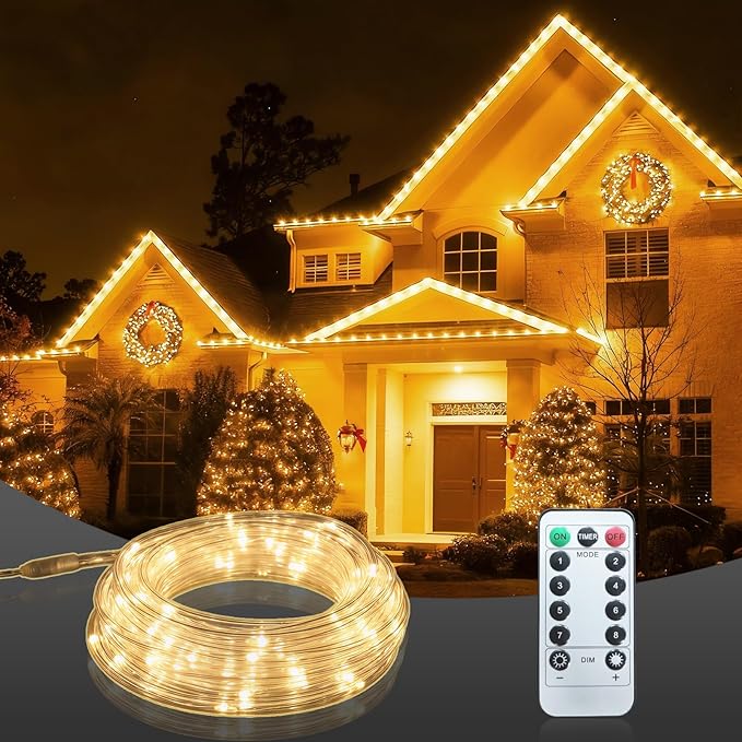50ft LED Rope Light with Remote 8 Modes Strip Lights with Timer, Memory 5.5mm Large Diameter Twinkle Lights for Wedding Garden Christmas Halloween Bedroom Patio Decorations (Warm White)