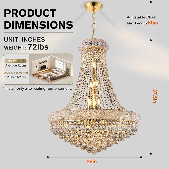 28" W 15 Light Luxury Foyer Chandeliers, Unique Empire K9 Crystal Chandelier for High Ceiling Foyer Entryway Living Room (Gold)