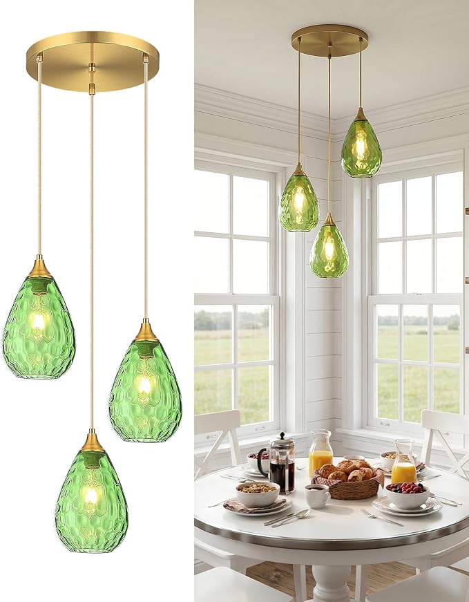 Brushed Gold 3-Light Pendant Lighting, Modern Dining Room Light Fixture Over Table with Green Hammered Glass, Cluster Hanging Lights for Kitchen Island Dining Room