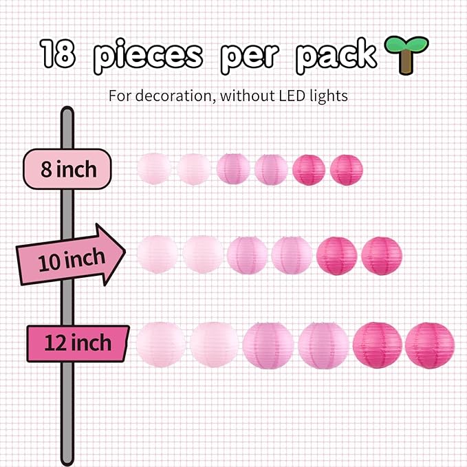 Chinese Paper Lanterns for Birthday Party Decorations – Hanging Rainbow Lanterns for Ceiling Decor, Classroom, Wedding, and Home Party – Pack of 18,Pink and Rose Red(8/10/12-Inch)