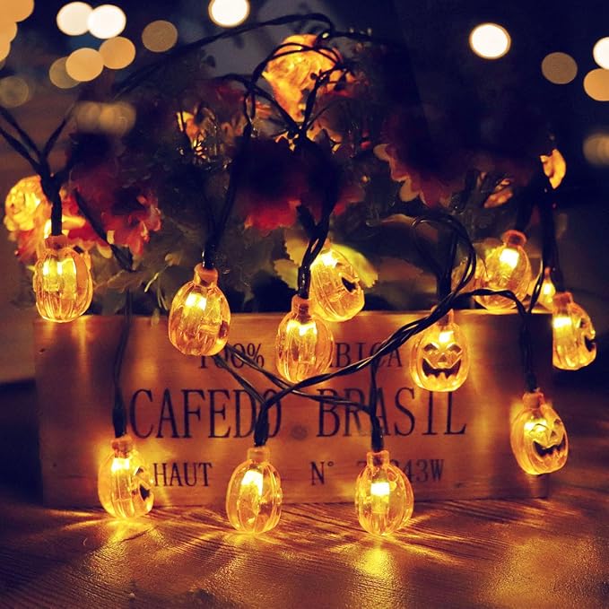 Hann® Solar LED String Lights, 30LED Crystal Ball | Lanterns | Moroccan Orb Ball | Cute Ghost Pumpkin Waterproof Outdoor Decorative String Lights for Christmas Garden Halloween (Pumpkin)