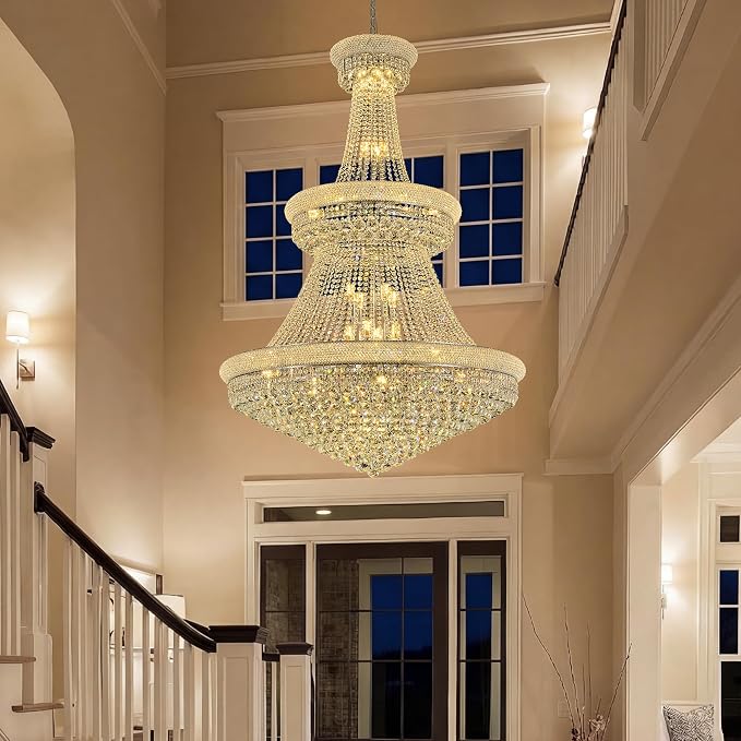 36-Lights High Ceiling Chandelier, 42'' W Modern Chrome Crystal Chandeliers Large Foyer Chandelier Fixtures for Staircase, Living Room, Hallway Entryway, Silver