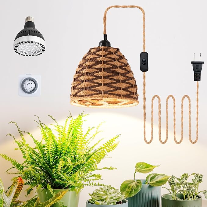 Hanging Grow Light, 30W LED Lamp with Timer for Indoor Plants | 4000K LED plant lamp with 15 ft cord, outlet timer, and boho paper rope shade for succulents, herbs, and low-light rooms.