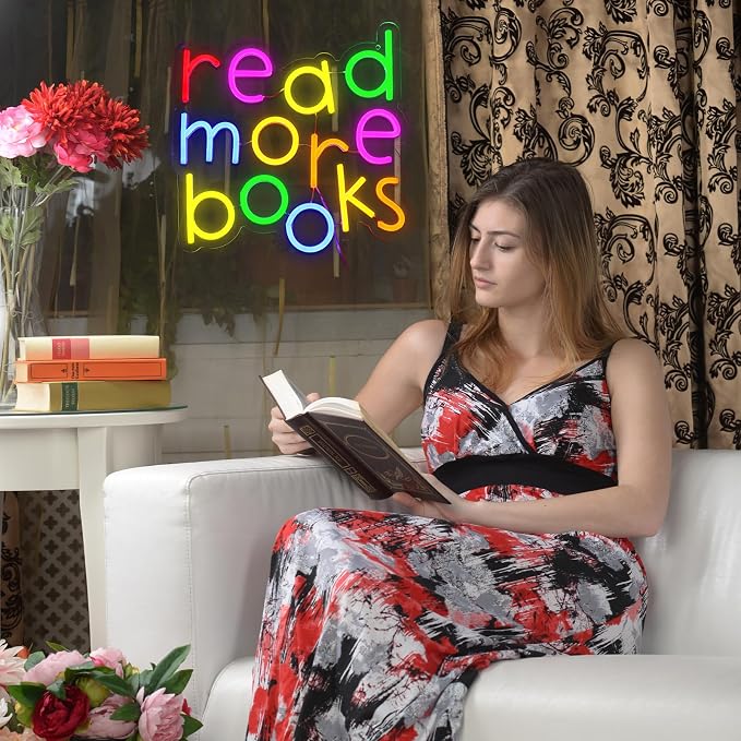 Read More Books Neon Sign for Wall Decor, Reading Led Signs for Library, USB Dimmable Neon Lights for Classroom Reading Corner Bedroom Study Room Home Book Club Motivational Wall Art
