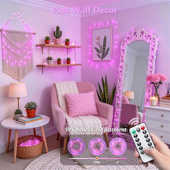 JMEXSUSS Pink Fairy Lights Plug in, 33ft 100 LED Pink String Lights Indoor | Pink Twinkle Lights for Kawaii Gaming Girl Setup, Dorm Birthday Decor, Aesthetic Room Decor for Teen Girls,Gift for Her