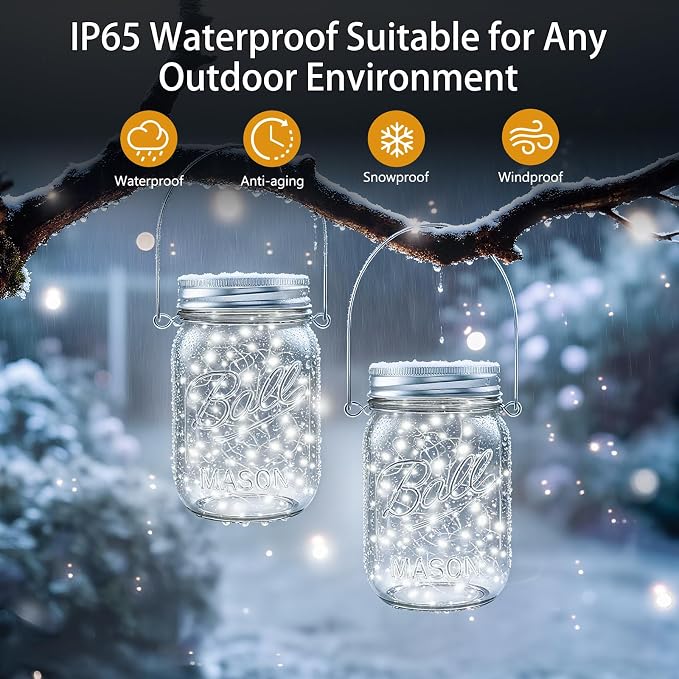 Mason Jar Solar Lights for Outside, 12 Pack 30LED(No Jars) Fairy Lights Mason Jar Solar Lids Outdoor Waterproof String Lights with Hangers for Patio Garden Yard Lawn Decoration - Cool White