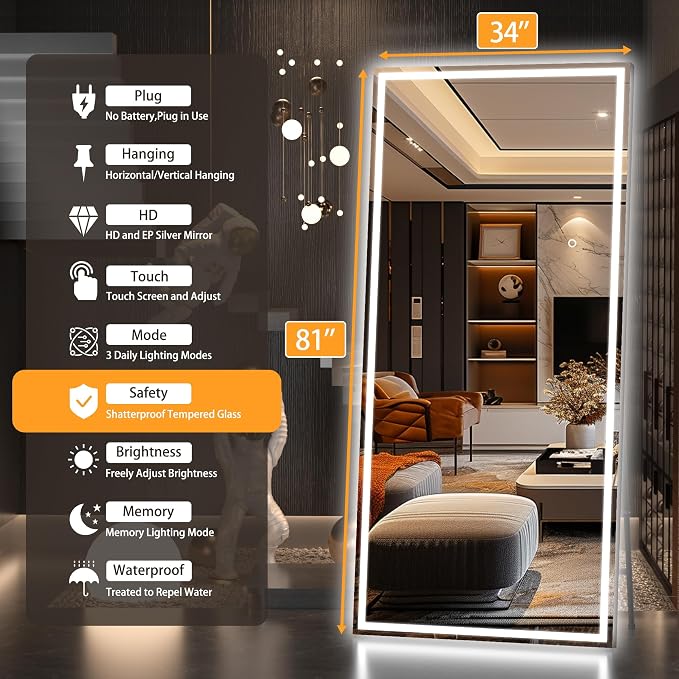 Hasipu Full Length Mirror with Lights, 81" x 34" LED Lighted Floor Standing, Full Body Dressing Hanging Mounted Mirror, Tempered Glass, Square Black