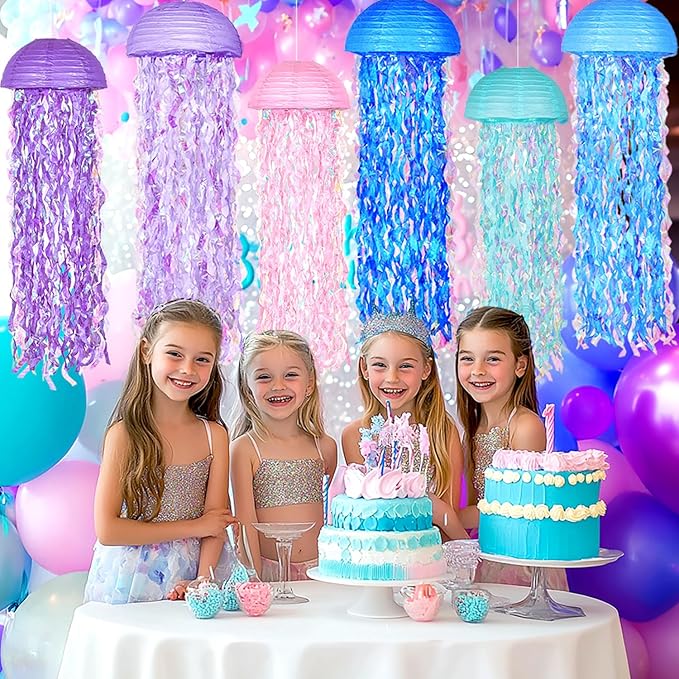 10" Mermaid Jellyfish Lanterns – Pink Purple Blue Decorations for Mermaid Birthday Party, Under the Sea Theme, Baby Shower, Ocean & Beach Room Hanging Decor (Set of 6)