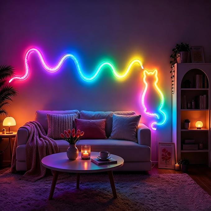 5V USB Plush LED Neon Rope Light, 16.4ft RGB+IC 360° Luminous Smart LED Strip Lights with APP/Remote Control, Music Sync Mode,Cozy Flexible Décor LED Light Strip for Dream Bedroom,Games Room