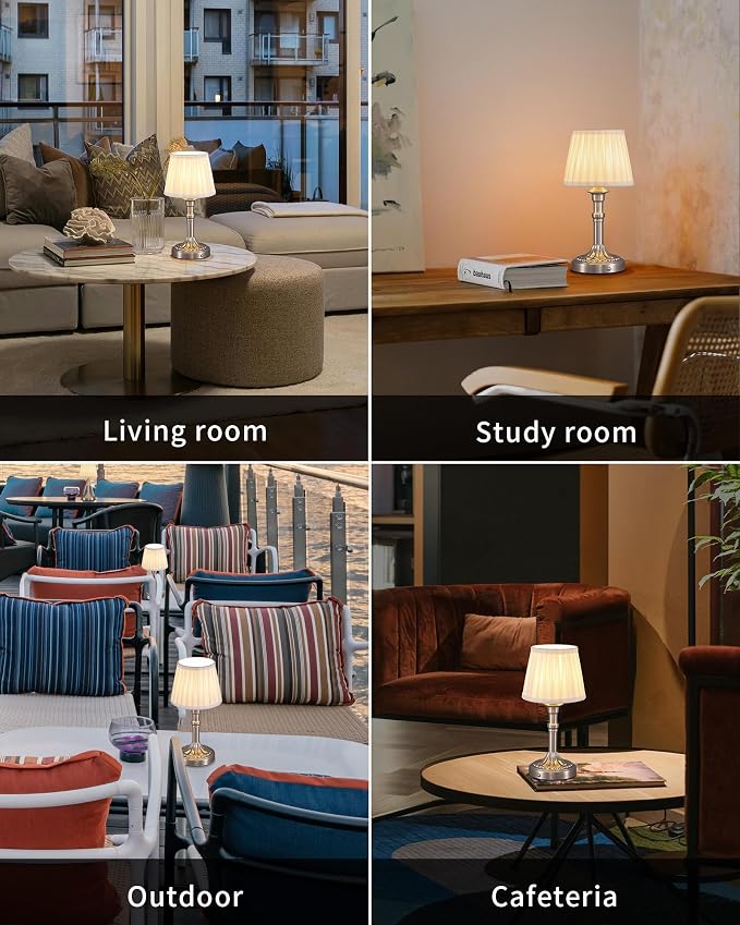 KDG Nickel Cordless Table Lamps Set of 2, Beige Fabric Shade Desk Lamp | Portables 4000mAh Battery Powered, Small LED Lighting, 2700K Stepless Dimmable, Light for Living Room, Dining Room, Bedroom