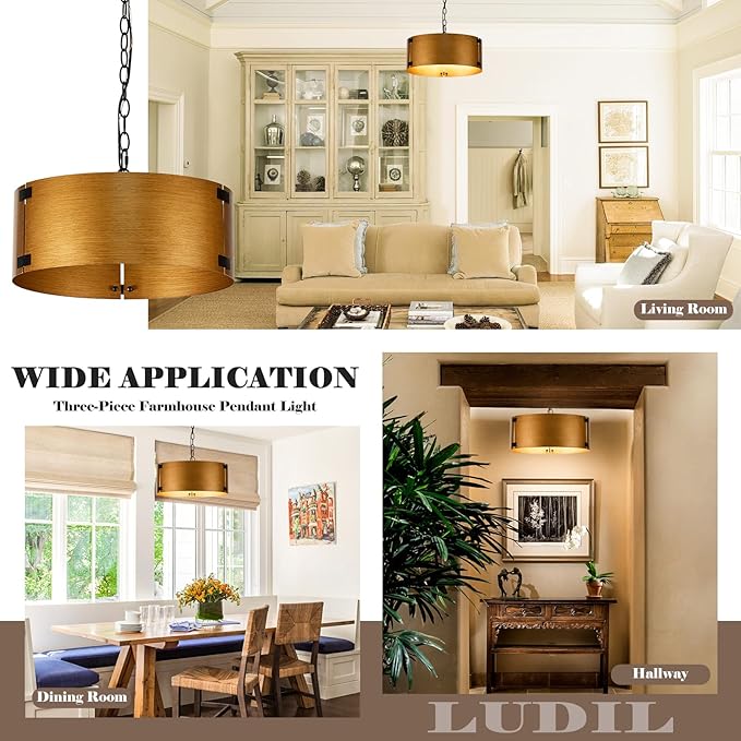 16" Drum Chandelier for Dining Room, E26 Modern Farmhouse Chandelier, 3-Light Golden Bronze Finish Vintage Chandelier Light Fixtures for Kitchen Foyer Entryway Bedroom