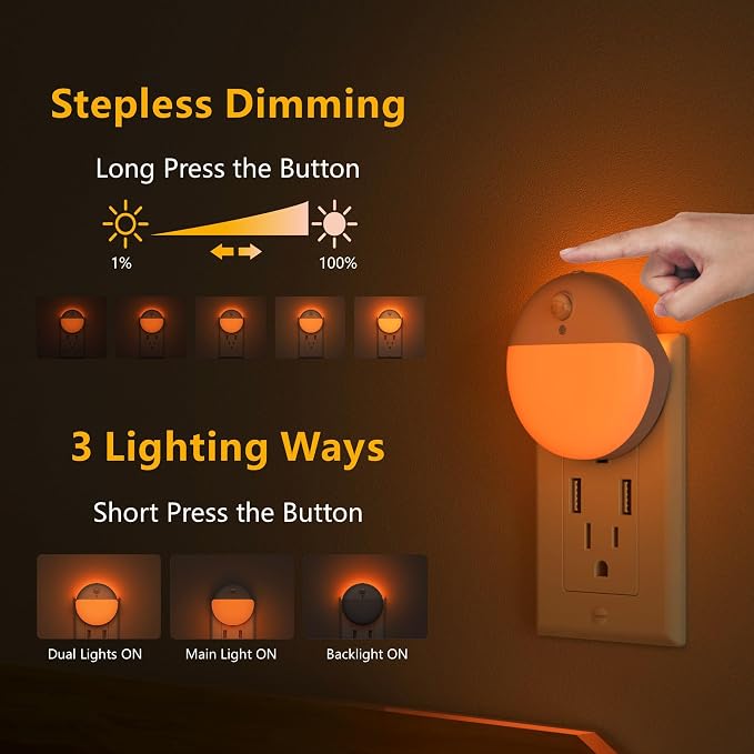 Amber Night Lights Plug into Wall, Motion Sensor Nightlight, 2 Pack | 3 Modes, Dimmable, Soft Glow 1-15lm, Auto Dusk to Dawn Sensor, Plug in LED Lights for Bedroom, Sleep, Bathroom, Nursery, Kids