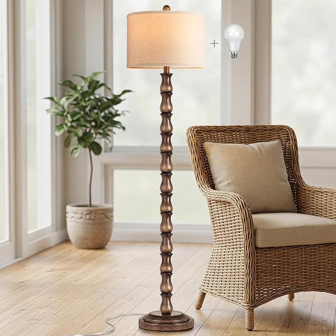 63.5" Rustic Floor Lamp for Living Room, Farmhouse Floor Lamp with Rotary Switch & Linen Shade, Vintage Resin Tall Standing Lamp for Bedroom Corner Office Home Decor, Dark Brown (LED Bulb Included)