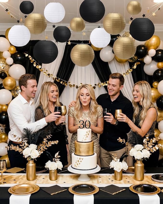 Treela 48 Pcs Paper Lanterns Party Decorations Round,Gold,Black,White