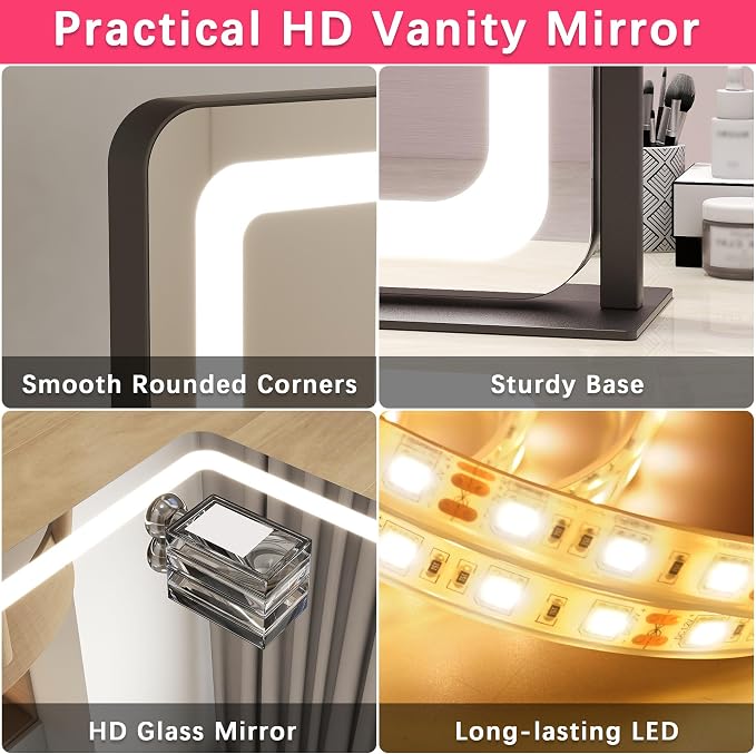 ROLOVE 22x17 Inch Lighted Vanity Mirror with Dimmable LED Lights - 3 Color Modes, Smart Touch Control & 360° Rotating Base - Desk Makeup Mirror (Black)