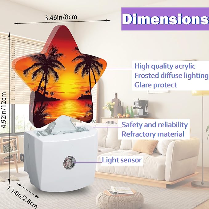 Energy Efficient Nightlights Plug In Wall, Tropical Palm Tree Night Light for Kids Bedroom Decorative, Vintage Beach Sunset Dusk-To-Dawn Sensor Sleep Friendly Lamp for Nursery Bathroom Basement