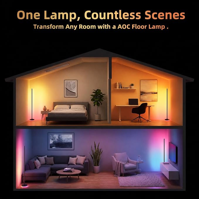 AOC Corner Floor Lamp, RGBICWW LED Floor Lamp with Glowing Base, Music Sync | App & Remote Control, 160 Million Colors, 68+ Scenes Color Changing, Ambient Lighting for Bedroom Living Room Home Office